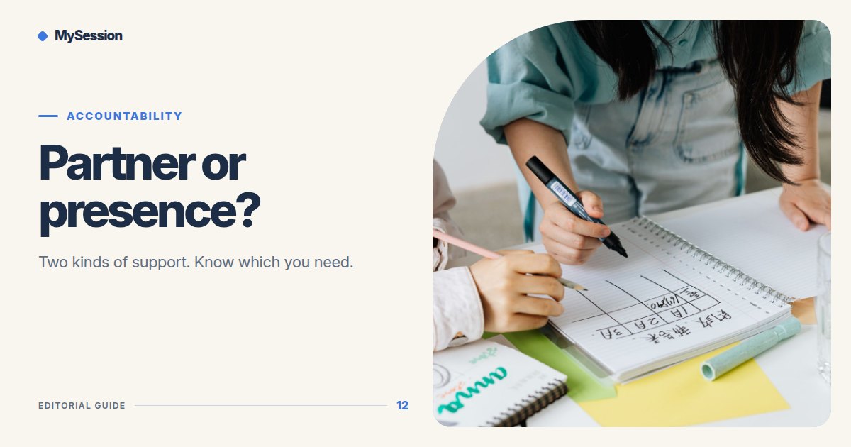 Two people write in a shared notebook at a table beside the words Partner or presence?