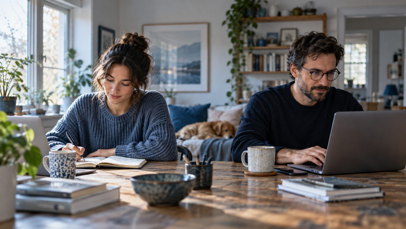 Two people quietly working on their own tasks at the same table