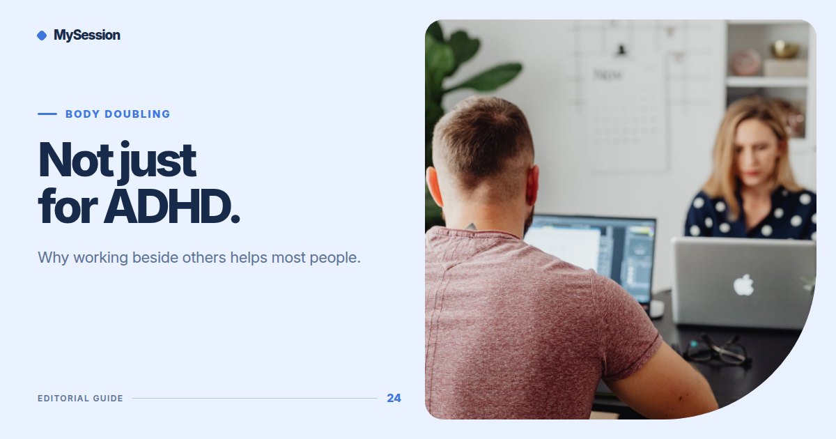 Two people work on separate laptops at a shared desk beside the words Not just for ADHD.