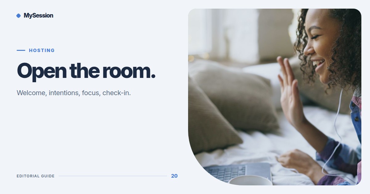 Woman waves at a laptop during a video call beside the words Open the room