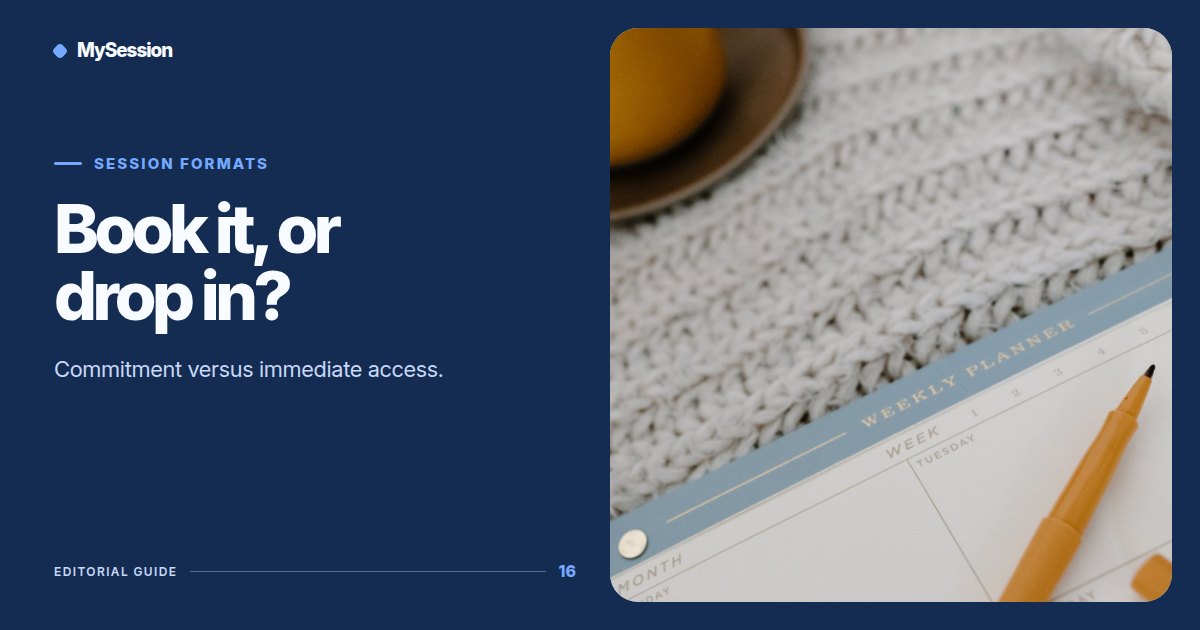 Pen resting on an open weekly planner beside the words Book it, or drop in?