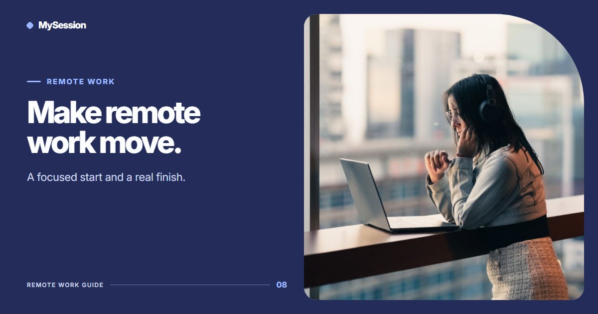 Woman in headphones works on a laptop by a city window beside the words Make remote work move
